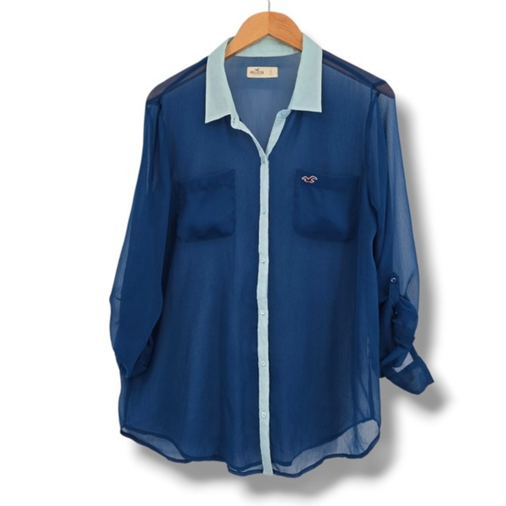 Hollister Sheer Blue Button Down Roll Tab Sleeve Blouse Women Large Logo Pockets
